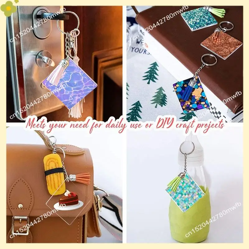 LDHL 120 Pcs Square Acrylic Keychain Blanks Tassels Set Including Acrylic Blanks Silver