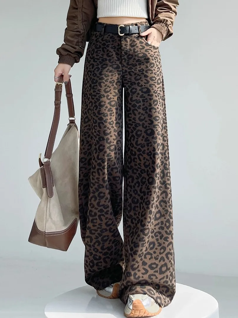 Cool Girl Leopardenmuster Schlagjeans Damen Herbst Winter Thiened Fce Hohe Taille Gerades Bein Schmale Version Bodenlang...