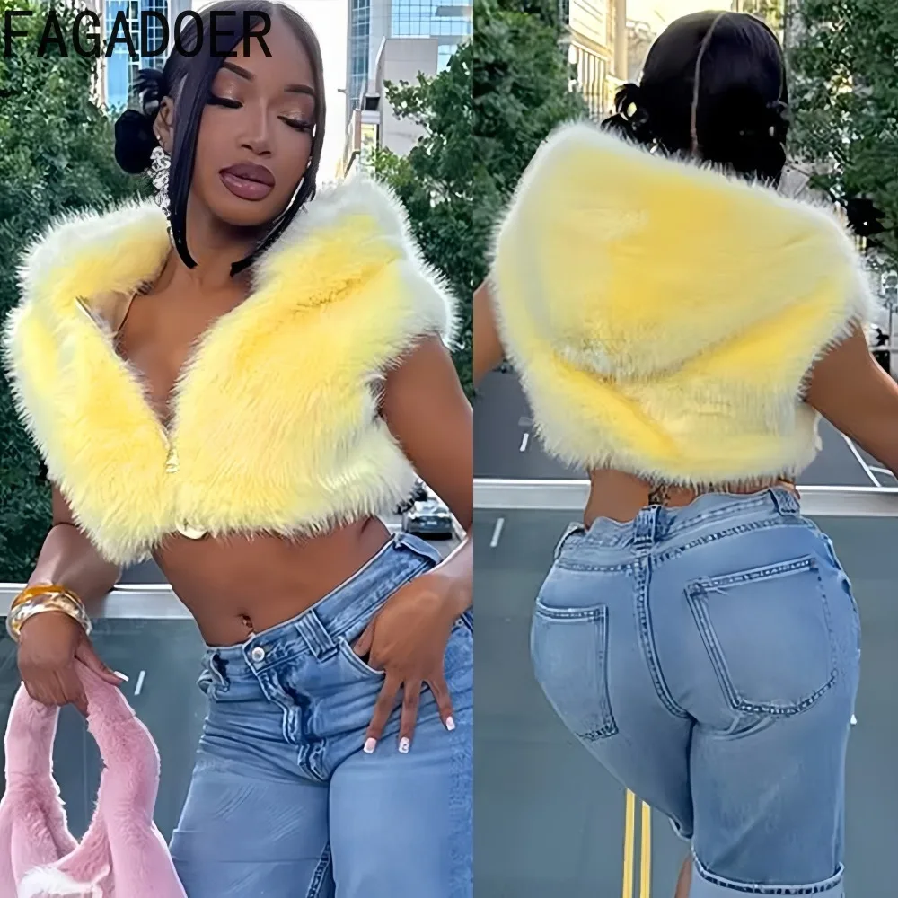 

FAGADOER Sexy Fur Patchwork T-shirt for Woman Solid Color Zipper Sleeveless Hooded Crop Top Female Streetwear Clothing 2025 New