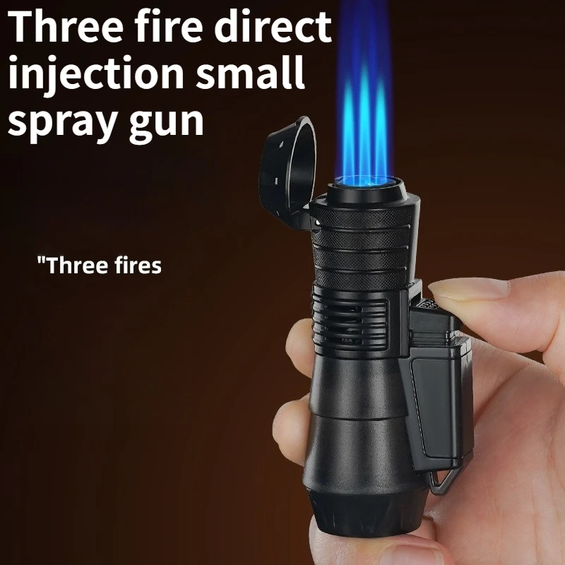 

New Plastic Transparent Body Three Flame Direct Blue Flame Small Spray Gun Outdoor Windproof Inflatable Lighter