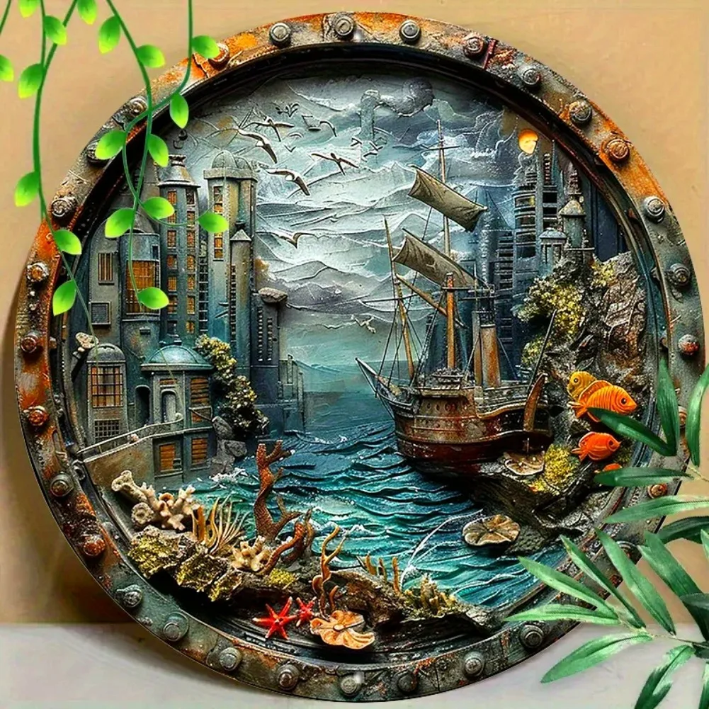 Runde Wanddekoration aus Metall mit Aluminium-Markierung, im Stil des postapokalyptischen Surrealismus, Fischaugenobjektiv, für Zuhause, Wohnzimmer