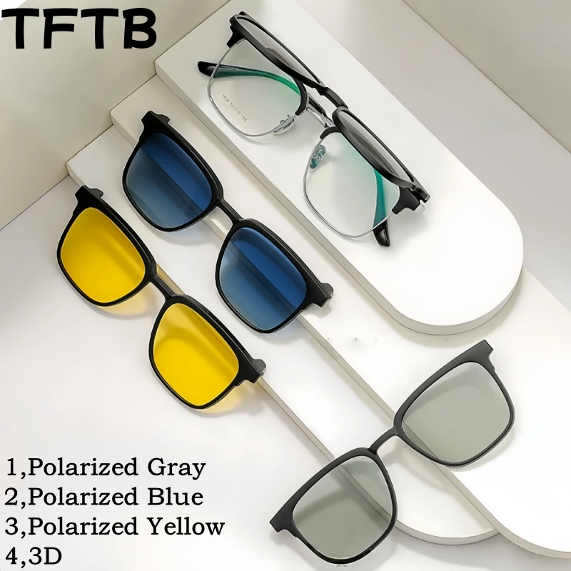 

TFTB Titanium Alloy Polarized Magnetic Clip-on Glasses Men and Women UV400 Retro Square Optical Prescription Eyeglasses Frame 08