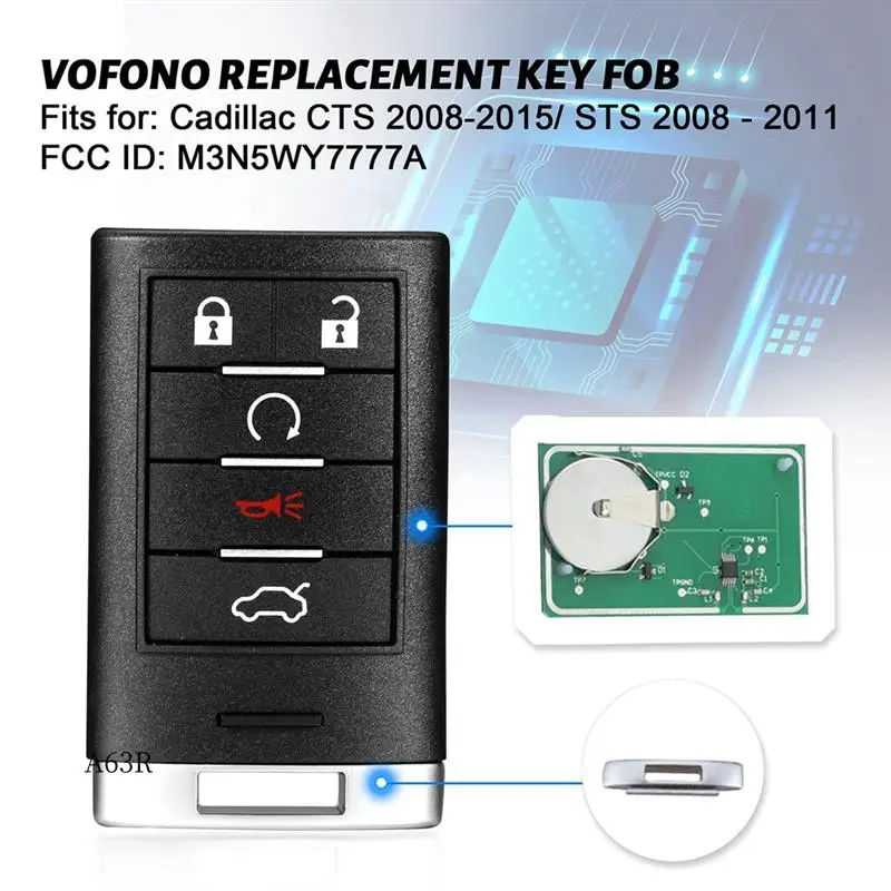 

AR-Keyless Entry Remote Smart Replacement For Cadillac CTS 2008-2015 STS 2008-2011 Key Fob M3N5WY7777A 5 Buttons