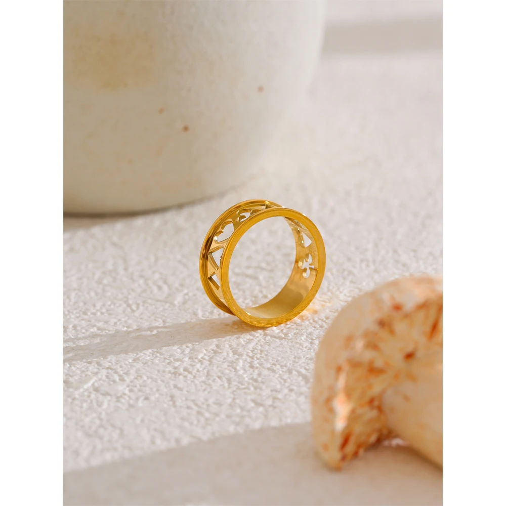 Yhpup Fashion Stainless Steel Poker Shape Hollow Wide Golden Ring Minimalist Charm Finger Jewelry Bijoux Femme New