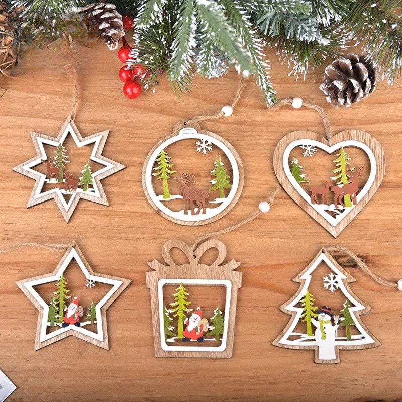 Christmas Decorations Wooden Christmas Hollow Christmas Tree Pendant Double Layered Pentagram Pendant Decoration