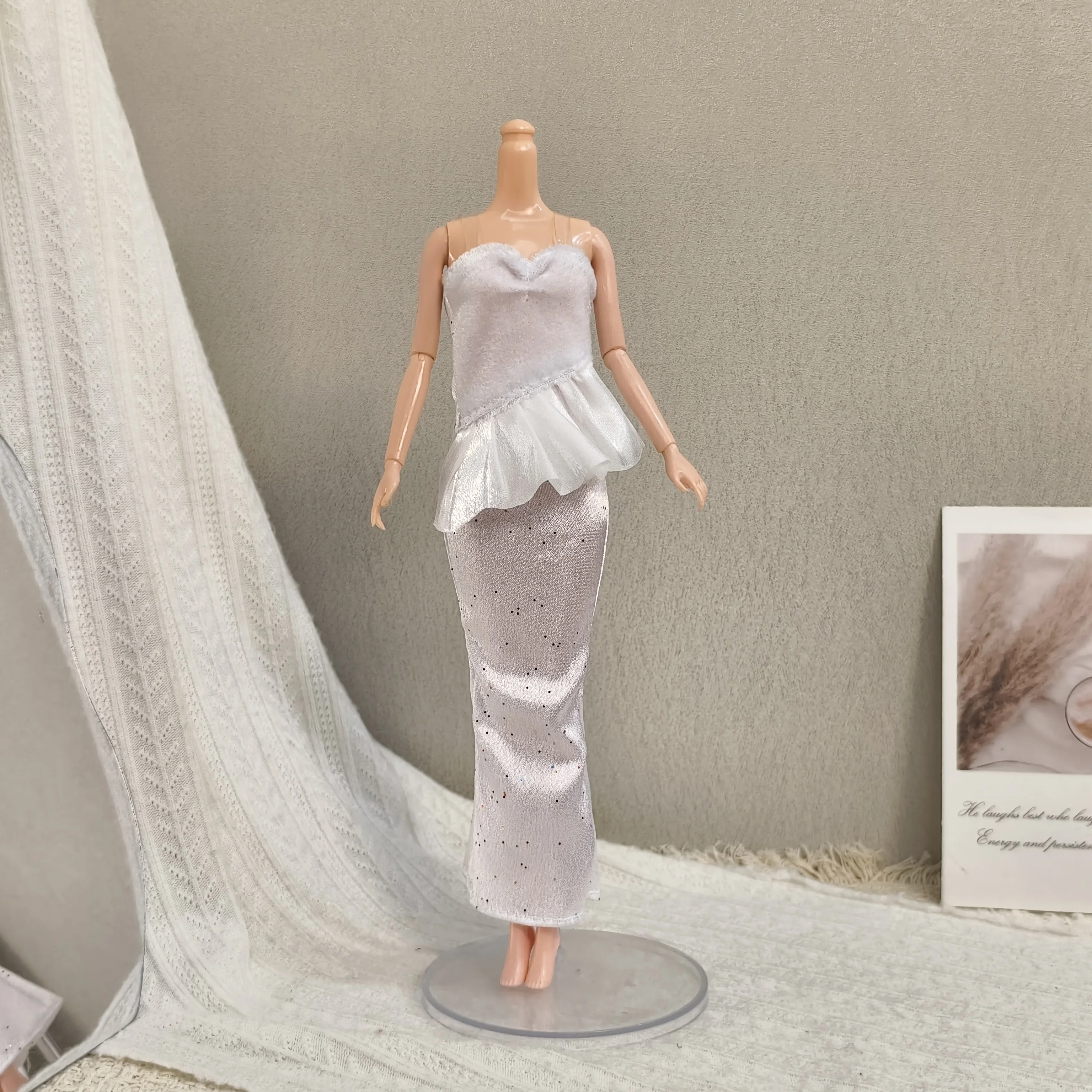 Temperament Strapless Ruffled Patchwork Satin Evening Gown For 1/6 FR Babi Supermodel Doll Party Dress Up Clothes Accessories