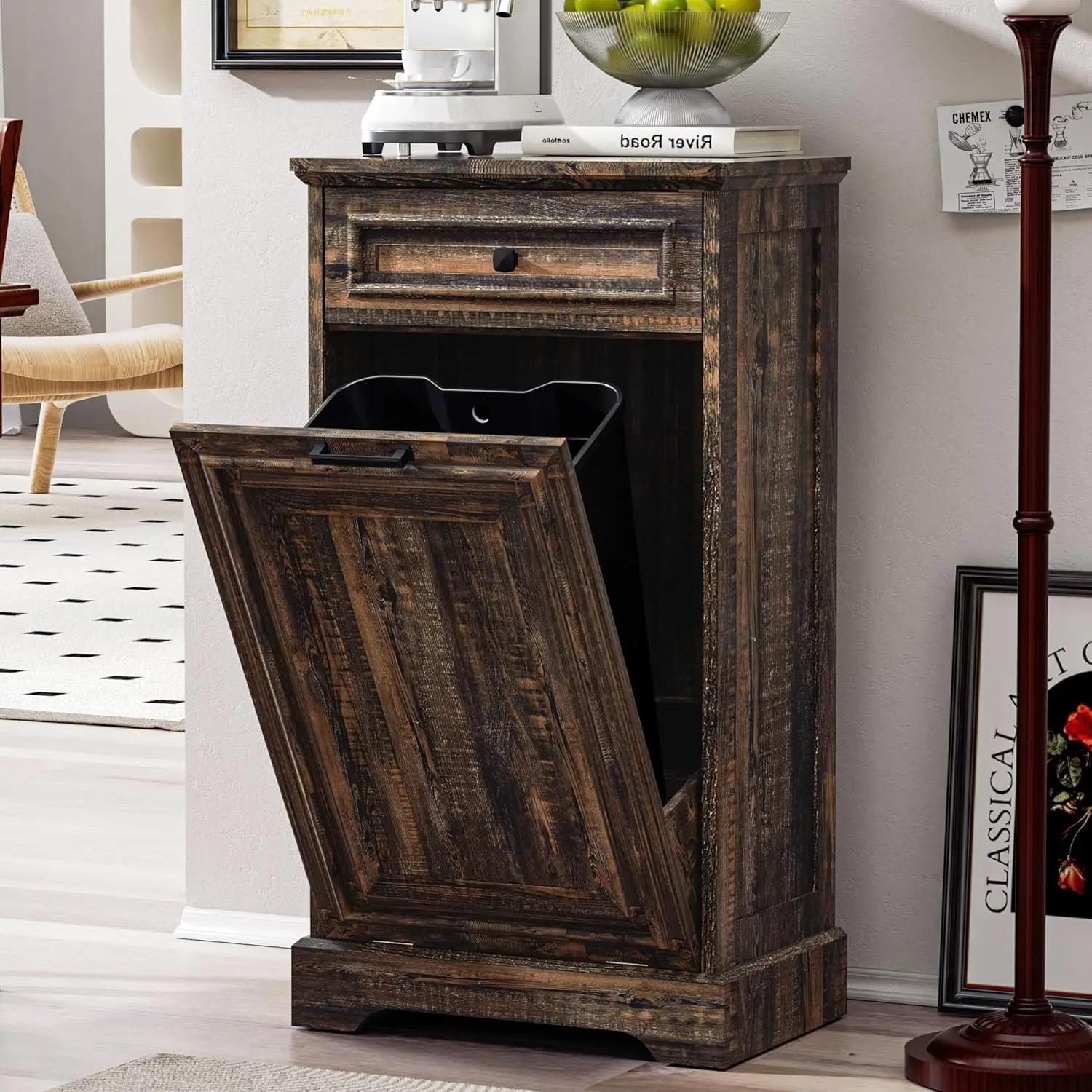 

13 Gallons Tilt Out Trash Can Cabinet Hidden Kitchen Waste Bins Free Standing Recycling Trash Cabinets with Drawer Pet Proof