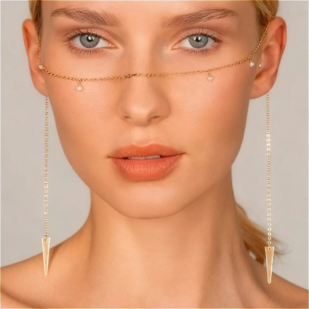 Gesichtskette mit geometrischen Quasten und schlanker Reisperlenkette für Damen – Neues, einzigartiges Geschenk für Geburtstagsfeiern und den Alltag – Detail 1