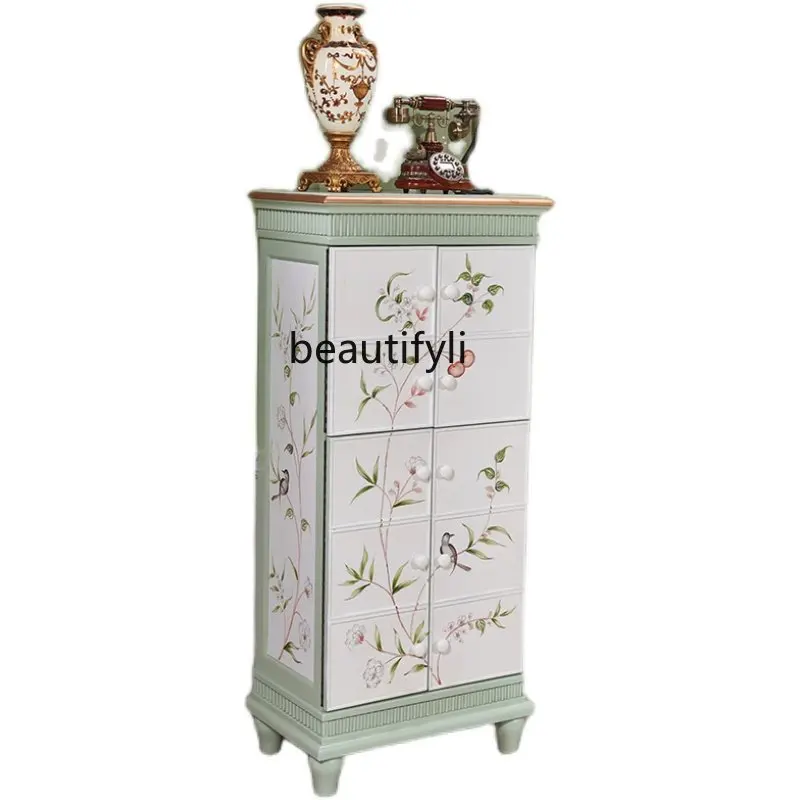 

yj American Country Hall Cabinet Solid Wood Painted Antique Hand Painted Locker Large Capacity Shoe Cabinet