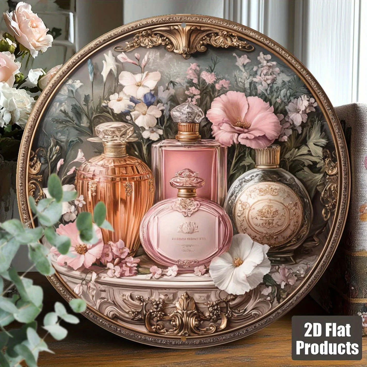 2D Flat, 2D Flat 1pc Vintage Floral Perfume Bottle Metal Plaque - Elegant Golden Frame, High-Quality Fireproof Wall Decor, No Wi