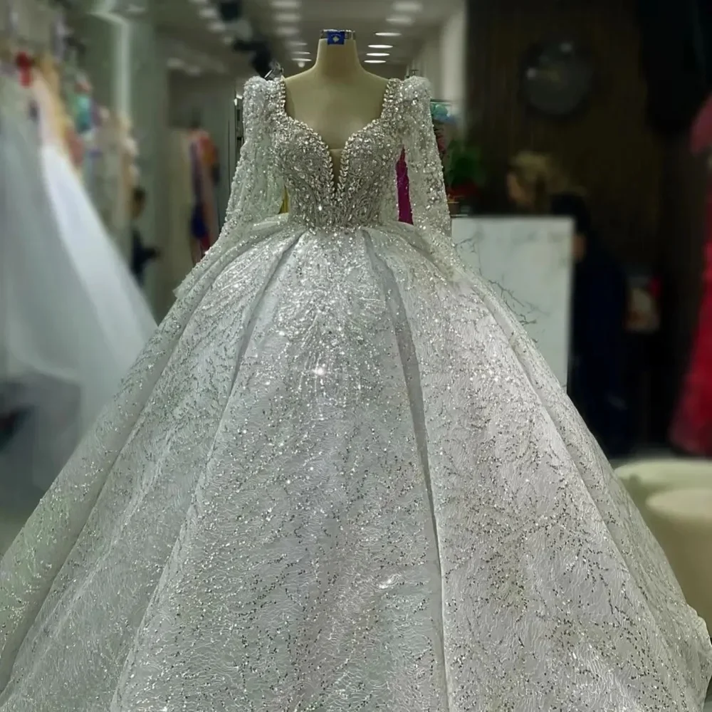 ชุดแต่งงานลูกไม้หรูหราประดับคริสตัลแบบสั่งทำพิเศษ แขนยาว ชุดเจ้าสาวมุสลิม ชุดราตรีทรงบอลกาวน์ ชุดเจ้าสาว