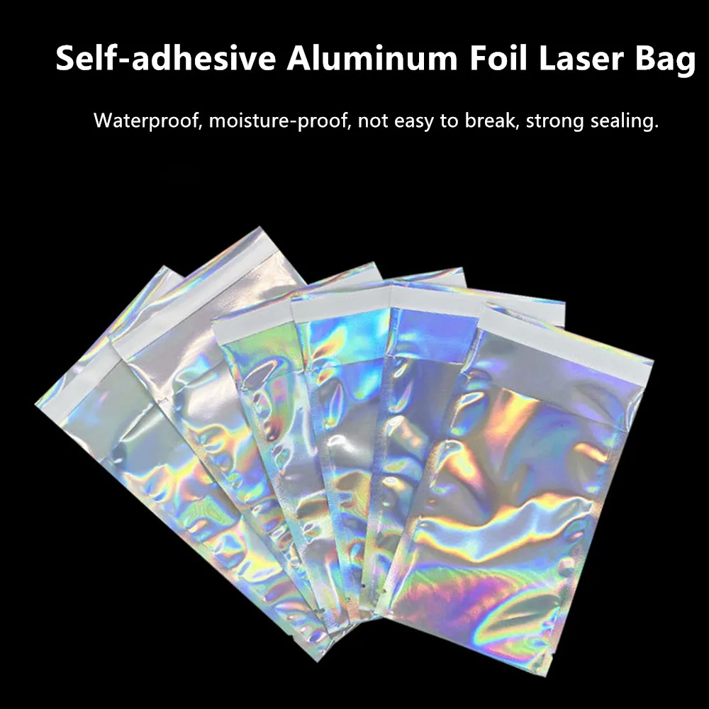 50pcs Silver Laser Self Adhesive Aluminum Foil Bags - Surface Shinning Mylar-foil Keychains Packing Pouch Courier Envelope Bag