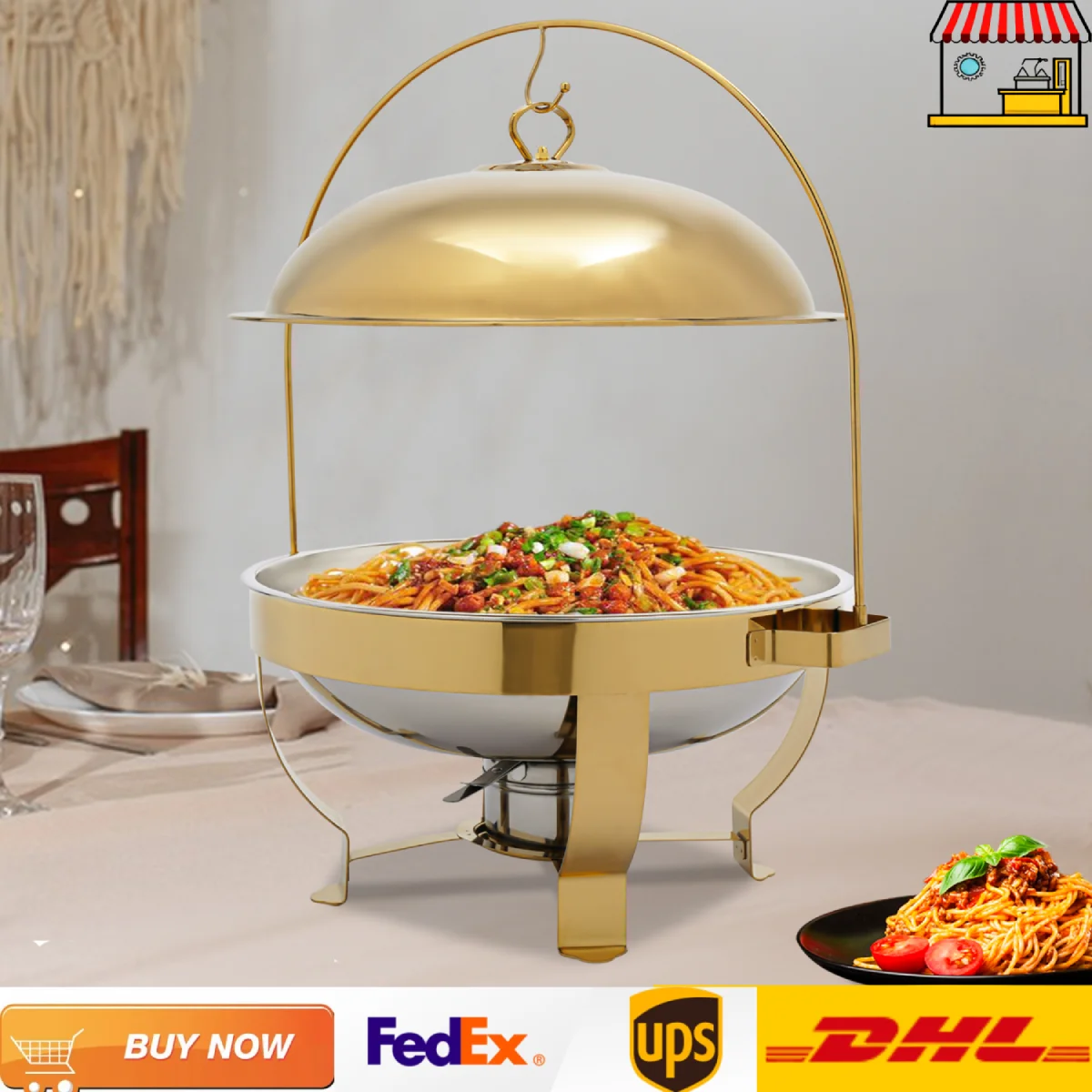 

8L/7.26qt Buffet Food Warmer Serving Trays| Gold 38cm Round Buffet Chafing Dish for Cafeterias, Restaurants