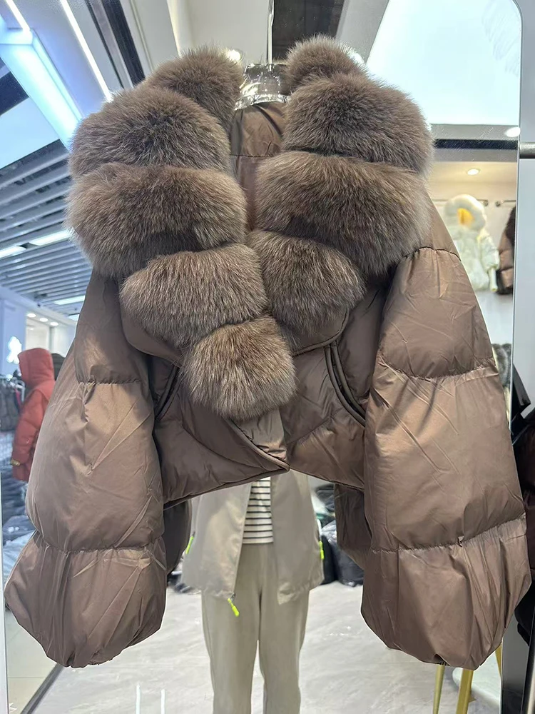 Parka de nieve de plumón de pato blanco nuevo de invierno, chaqueta de piel auténtica grande de alta calidad, abrigo impermeable con bolsillo cálido para mujer