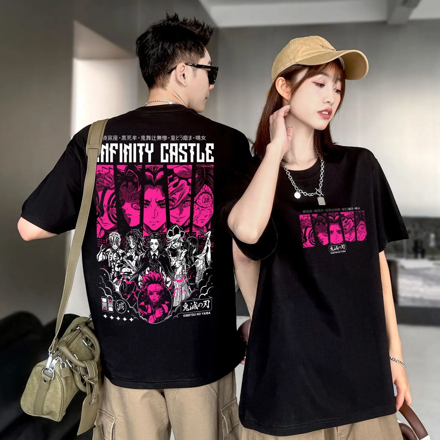 Kimetsu No Yaiba 2025 été hommes noir coton t-shirt infini château motif Akaza noir sang lune et Nezuko Anime imprimer
