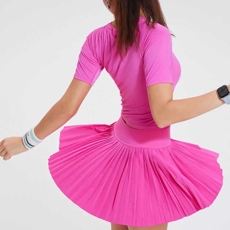 Women 2 Piece Tennis Outfit Raglan Short Sleeve T-Shirt High Waist Pleated Skirt Sets Quick Dry Golf Running Workout tracksuit