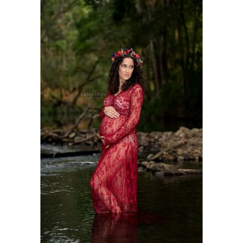 

SALE! Bella Maternity Dress Wine Red Lace Long Sleeve Dress for Photo Shoot, Pregnancy Gown Burgundy