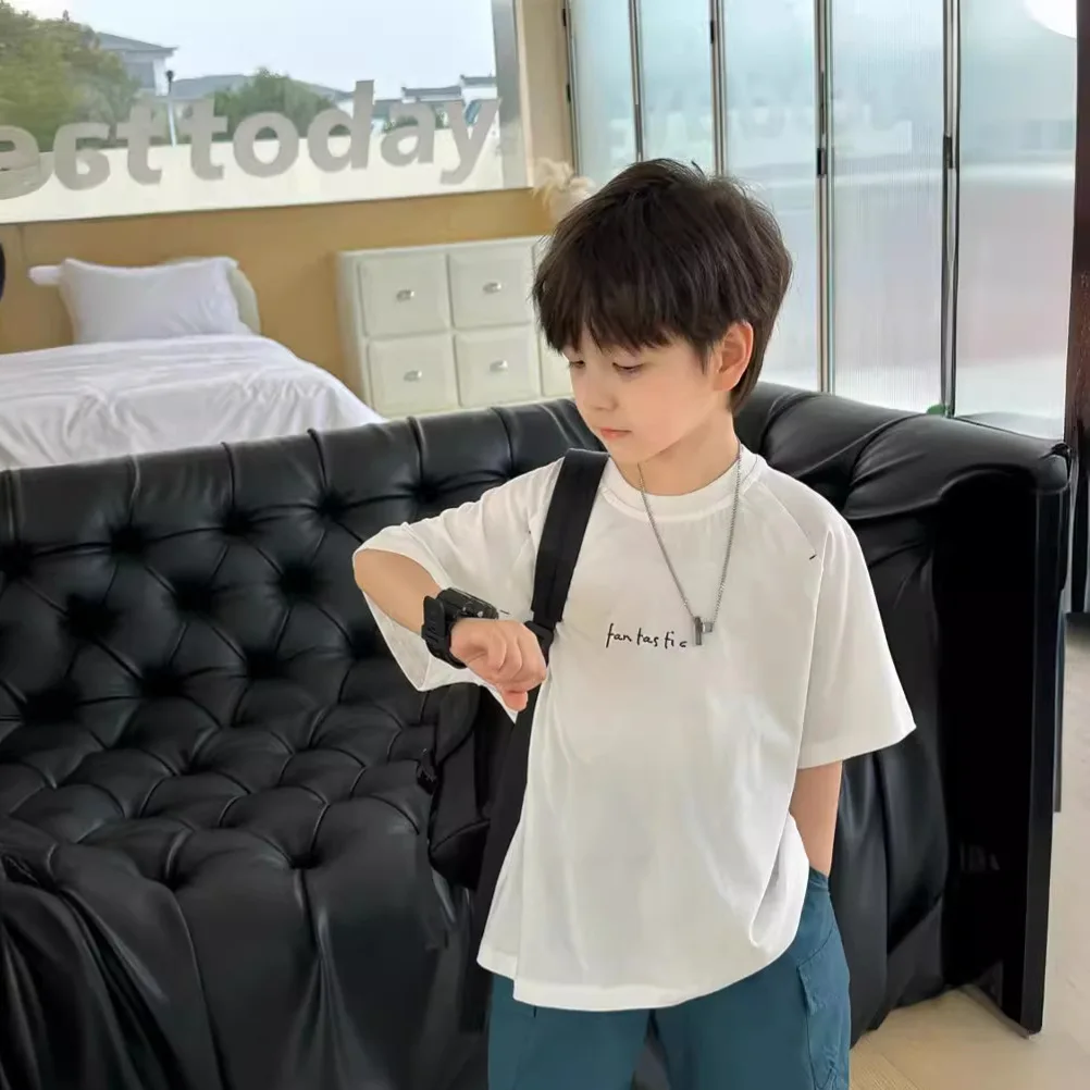 Children Clothing Embroidered Letters Handsome T Shirt 2024 Summer New Boys Simple Short Sleeve Korean Style Casual T Shirt