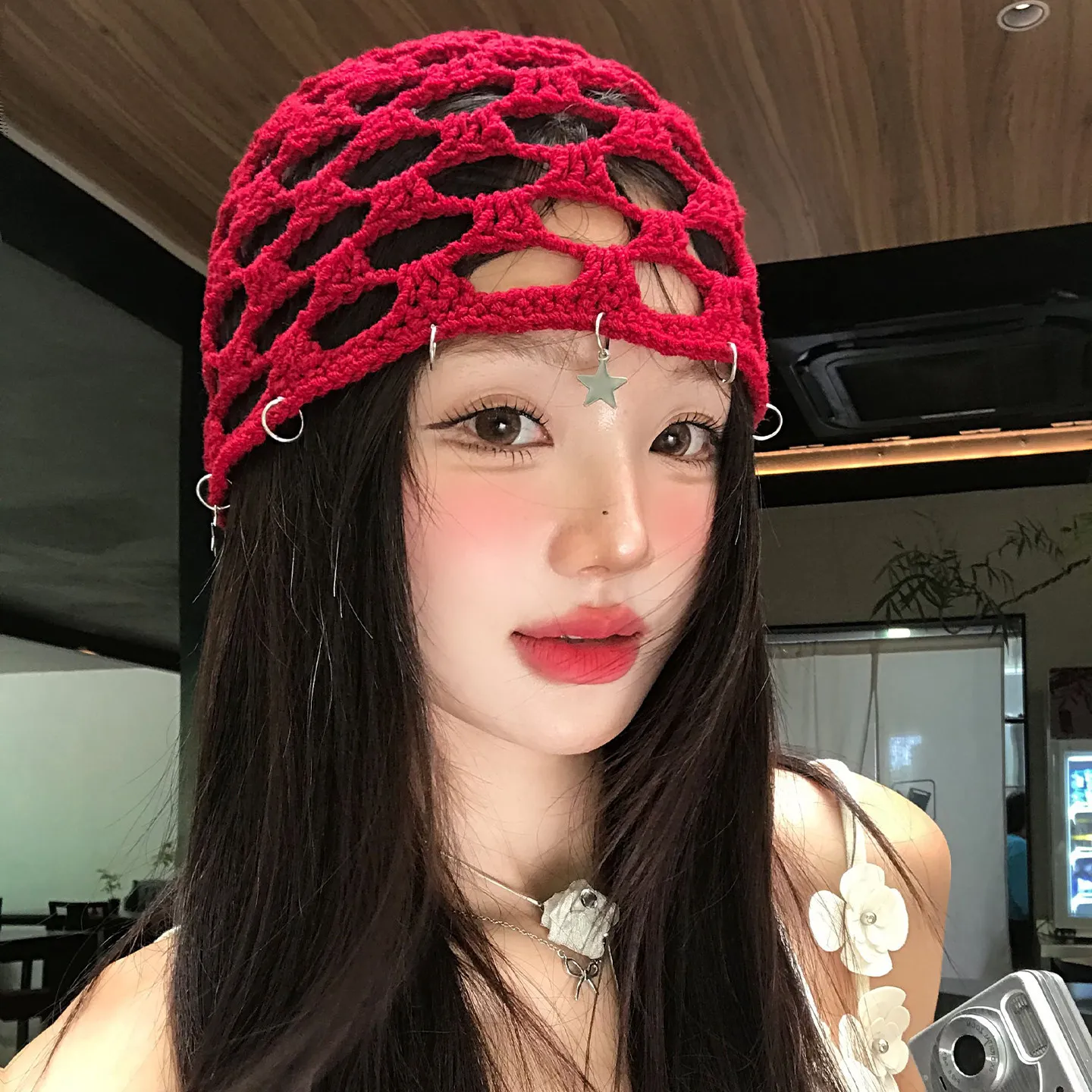 Handmade Crochet Hat Women Summer Hollow Red Knitted Hat Y2K Five Pointed Star Beanie Mesh Turban Hat Breathable Winter Hat