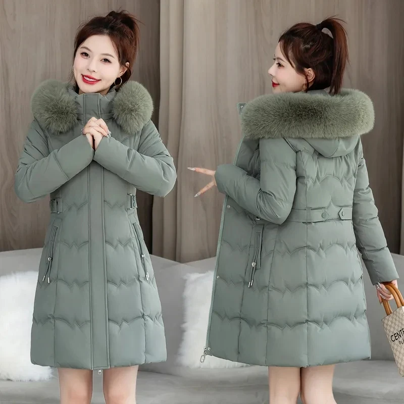 

2025 Winter New Cotton Padded Jacket Women's Thicken Hooded Coat Fashion Fur collar Warm Jacket Women's Slim Long Pike Overcoat