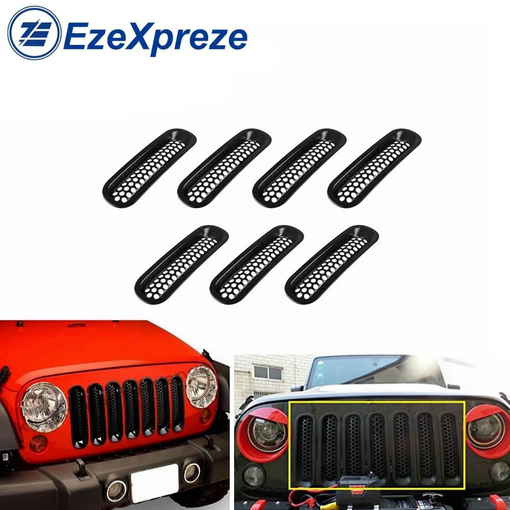 

7PCS Insert Mesh Front Grille Trim Net Cover for Jeep Wrangler JK JKU 07-15 Matte Car Accessories