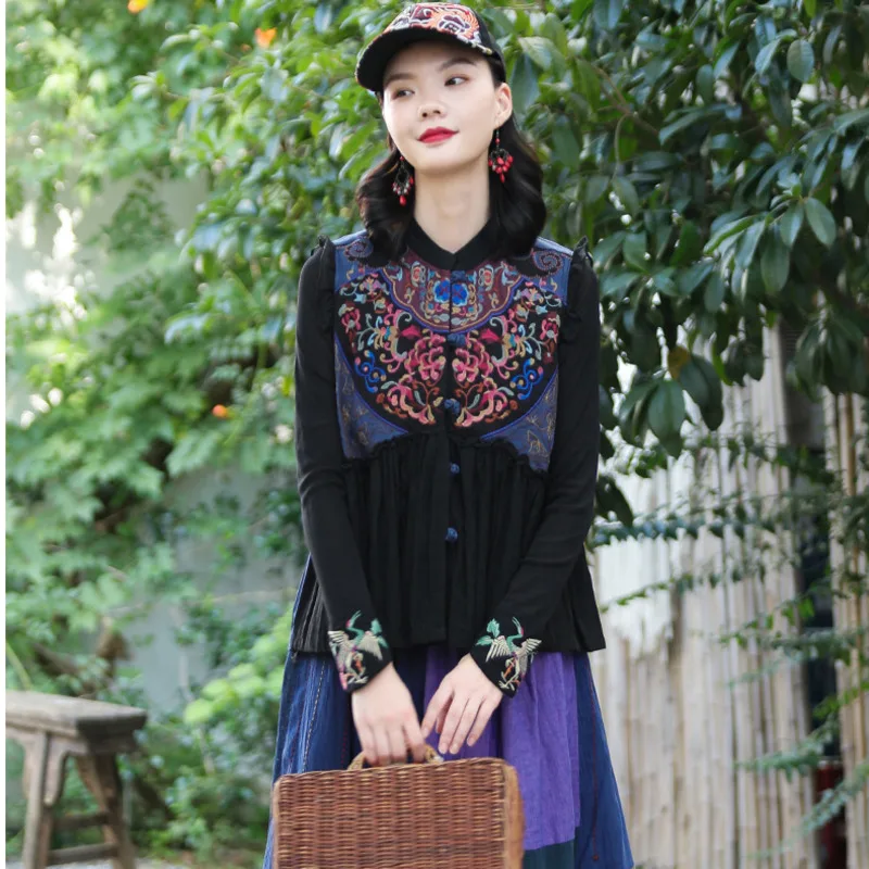 Embroidery Patchwork Chinese Style Women Vest Traditional Oriental Ethnic Casual Gilet Cotton Linen Short Sleeveless Waistcoat