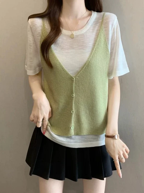 Light Green Knitted Short Sleeve T-Shirt Women's plus Size Summer New Style Shoulder Width Regular Knitted Top Casual Commute...