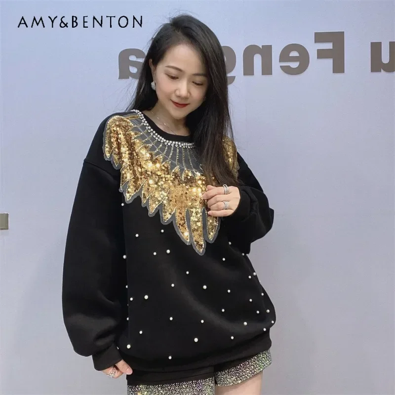 

Winter New Long-sleeved Crew Neck Sweatshirt Tshirt Heavy Industry Sequins Gorgeous Applique Fashion Loose Oversize Top Pullover