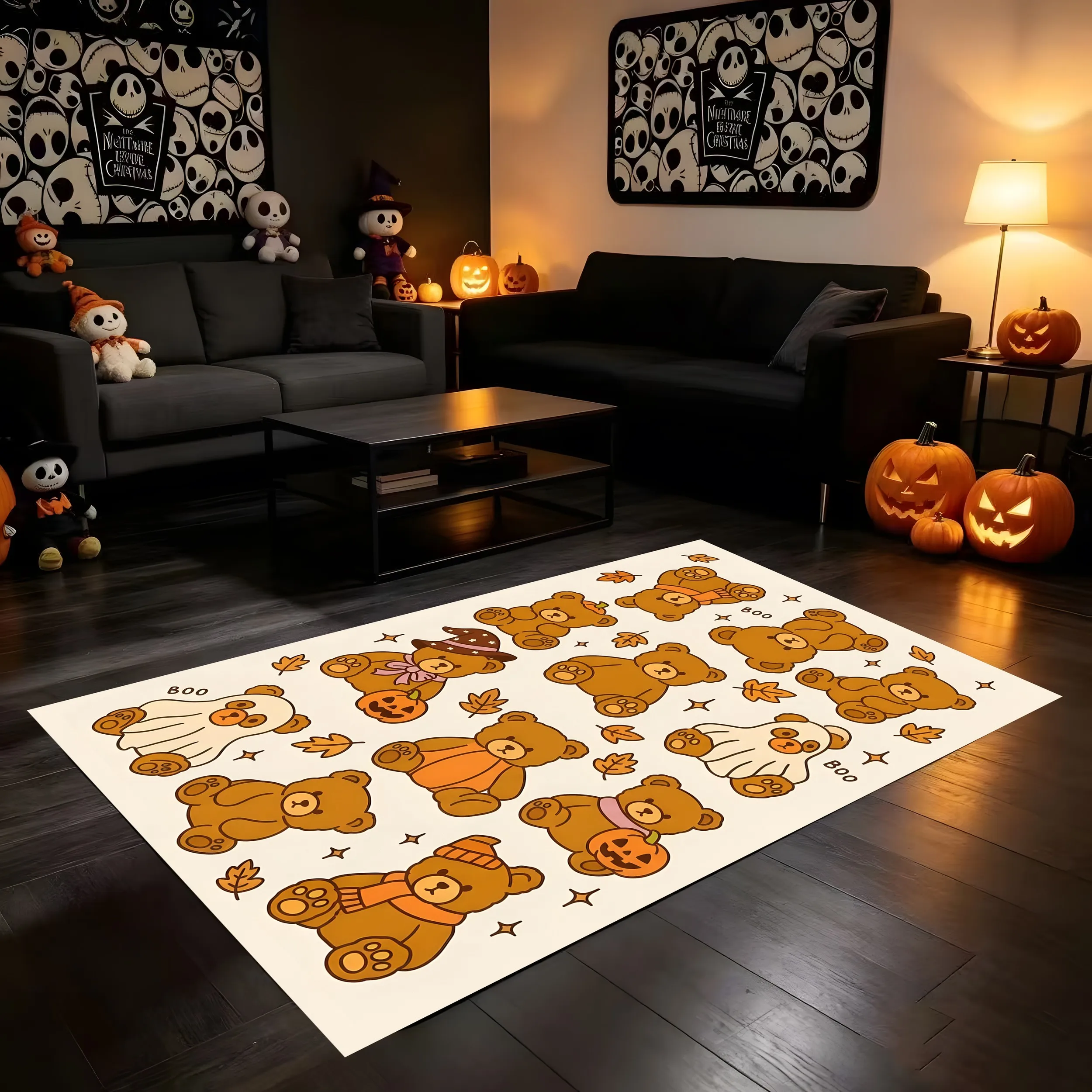 2D Halloween Rug Cute Bear Design Boo Cartoon Logo Adorable Soft Eye Catching Full Halloween Fun Carpet
