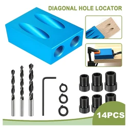 14pc 15 ° Blue Woodworking Oblique Hole Locator 7pc Drilling Regulator Limit Three-point Woodworking Drill Tool Set