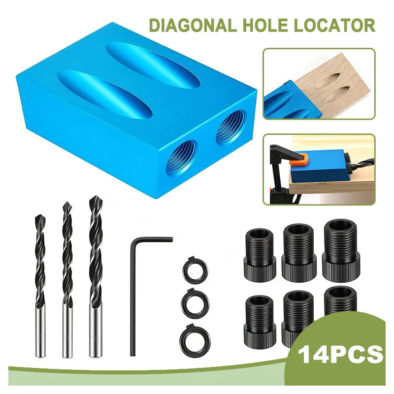 14pc 15 ° Blue Woodworking Oblique Hole Locator 7pc Drilling Regulator Limit Three-point Woodworking Drill Tool Set