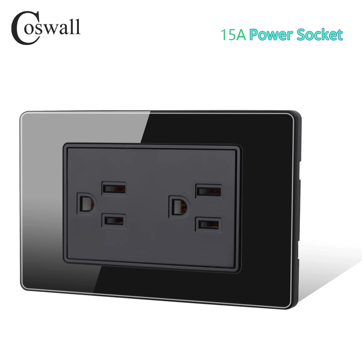 Coswall Glass Panel Black 15A American Standard Wall Power Socket With Dual USB Type A-C PD 3.0 20W Fast Charging 5V3A PPS