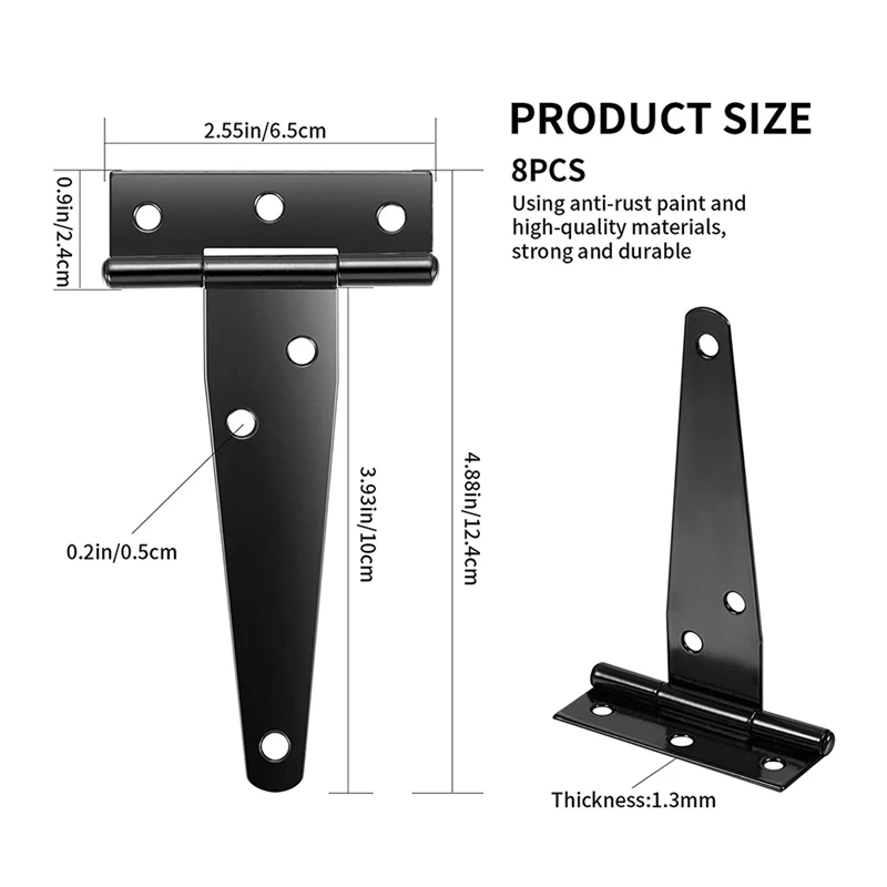 8 PCS T-Strap Hinges Heavy Duty Gate Hinges Metal Tee Hinges With Screws Barn Gates Supplies (Black,4 Inch)