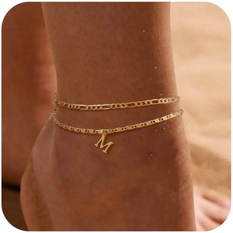 Initial Layered Waterproof Anklet Bracelets for Women