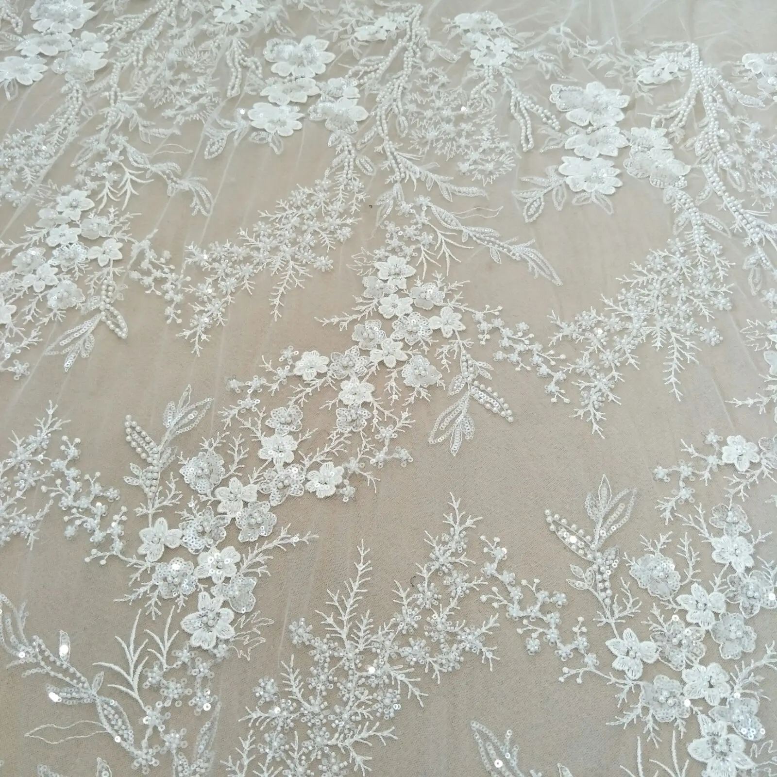 New arrival sequins lace fabric with beads 130cm width dress lace fabric sell by yard