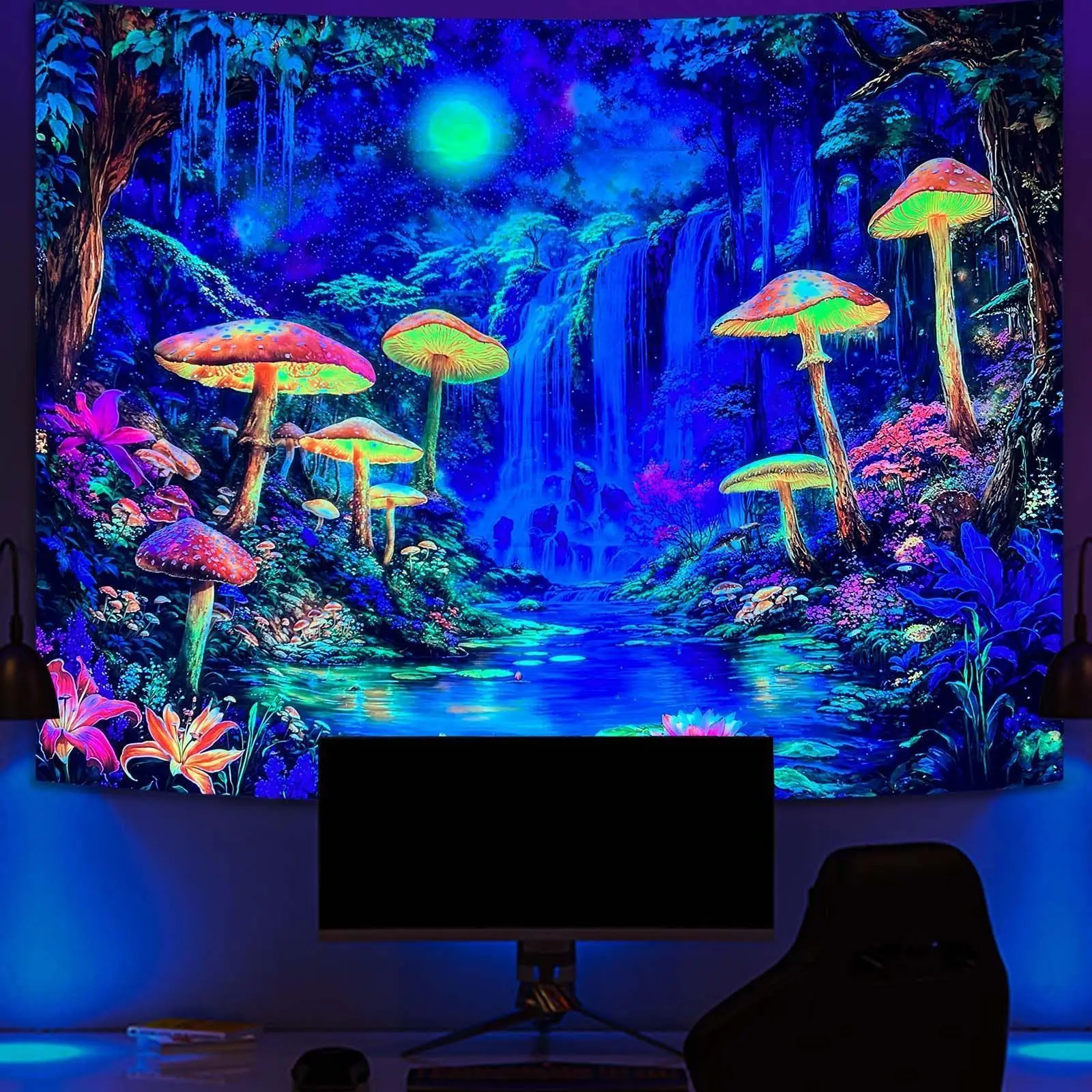 VIKAMA Blacklight Reactive Mushroom Waterfall Wall Tapestry Trippy Psychedelic Wall Hanging Neon Aesthetic Bedroom Decor