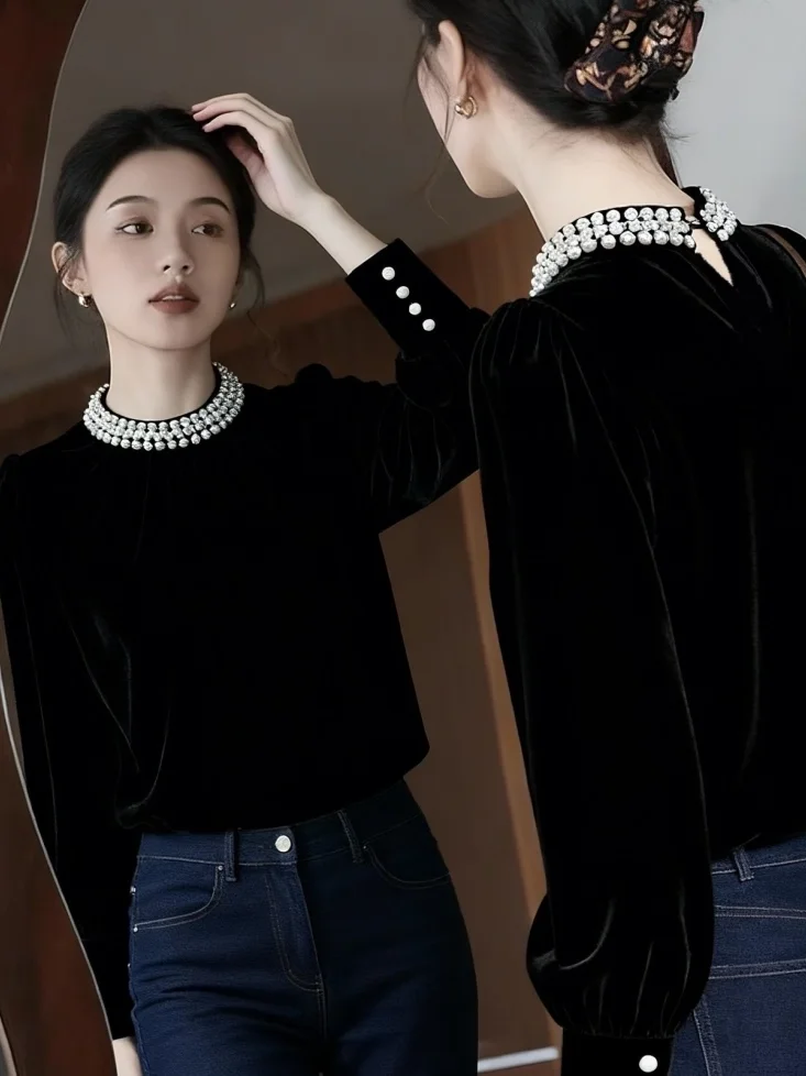 

Ретро-рубашка из бархата для женщин: осенне-зимняя, уникальная, премиум-класса, элегантная базовая блузка с воротником-стойкой и инкрустацией стразами