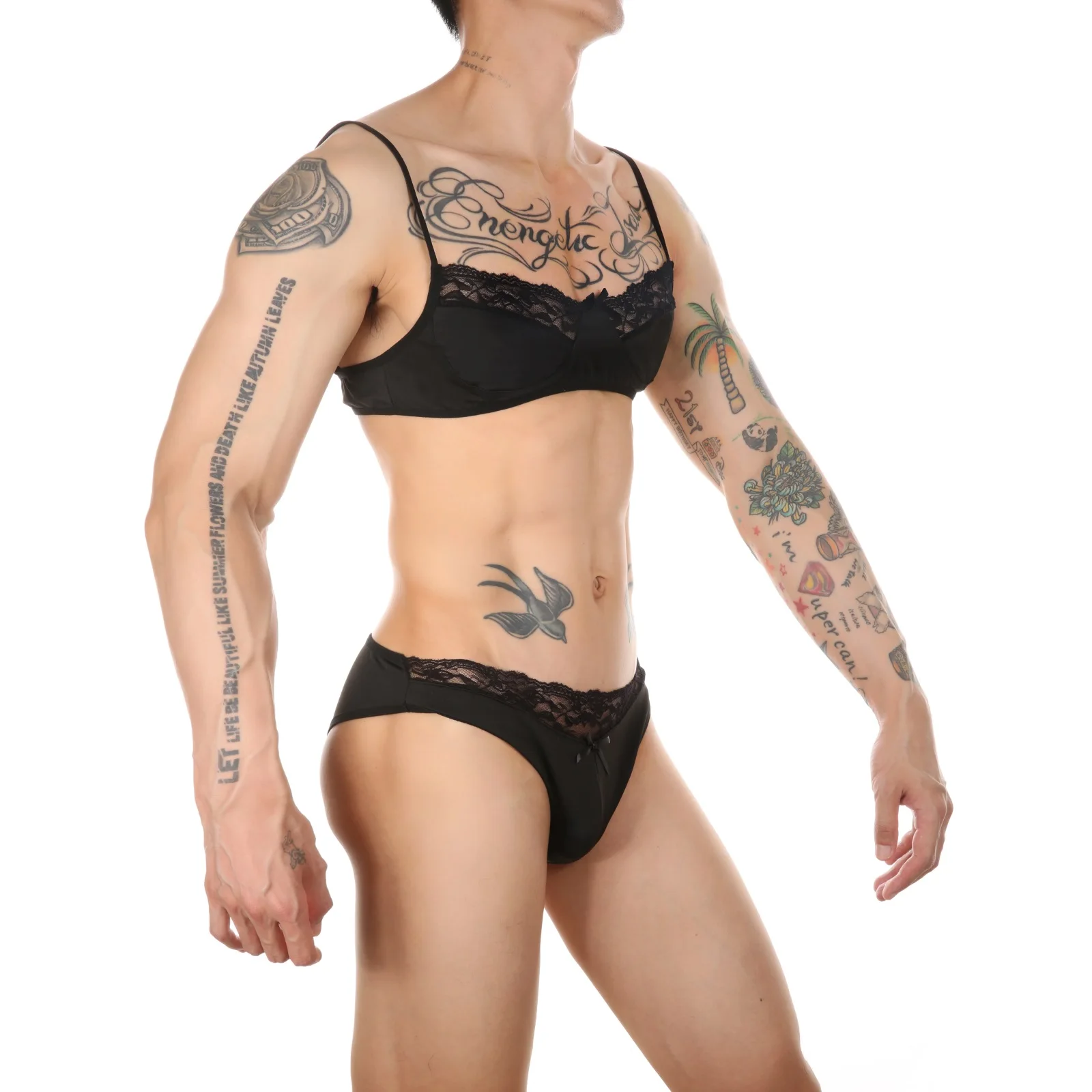 Men's Sexy Lace Adjustable Bra Briefs Set Bdsm Sissy Sex Femboy Lingerie See-Through Transparent Erotic Costume Rave Accessories