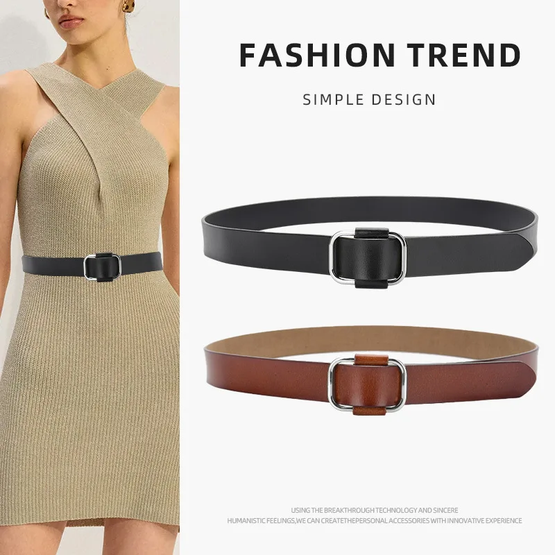 New Smooth Cowhide Belt Women Black Brown Red Leather Square Buckle Simple Decorative Jeans All match Korean Casual Student