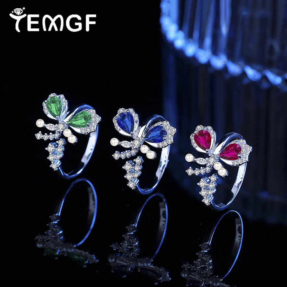 

TEMGF 4*6mm Zircon Ring S925 Sterling Silver Opening Butterfly Ring for Women Girls Party Sparkling Fine Jewelry Fashion Item