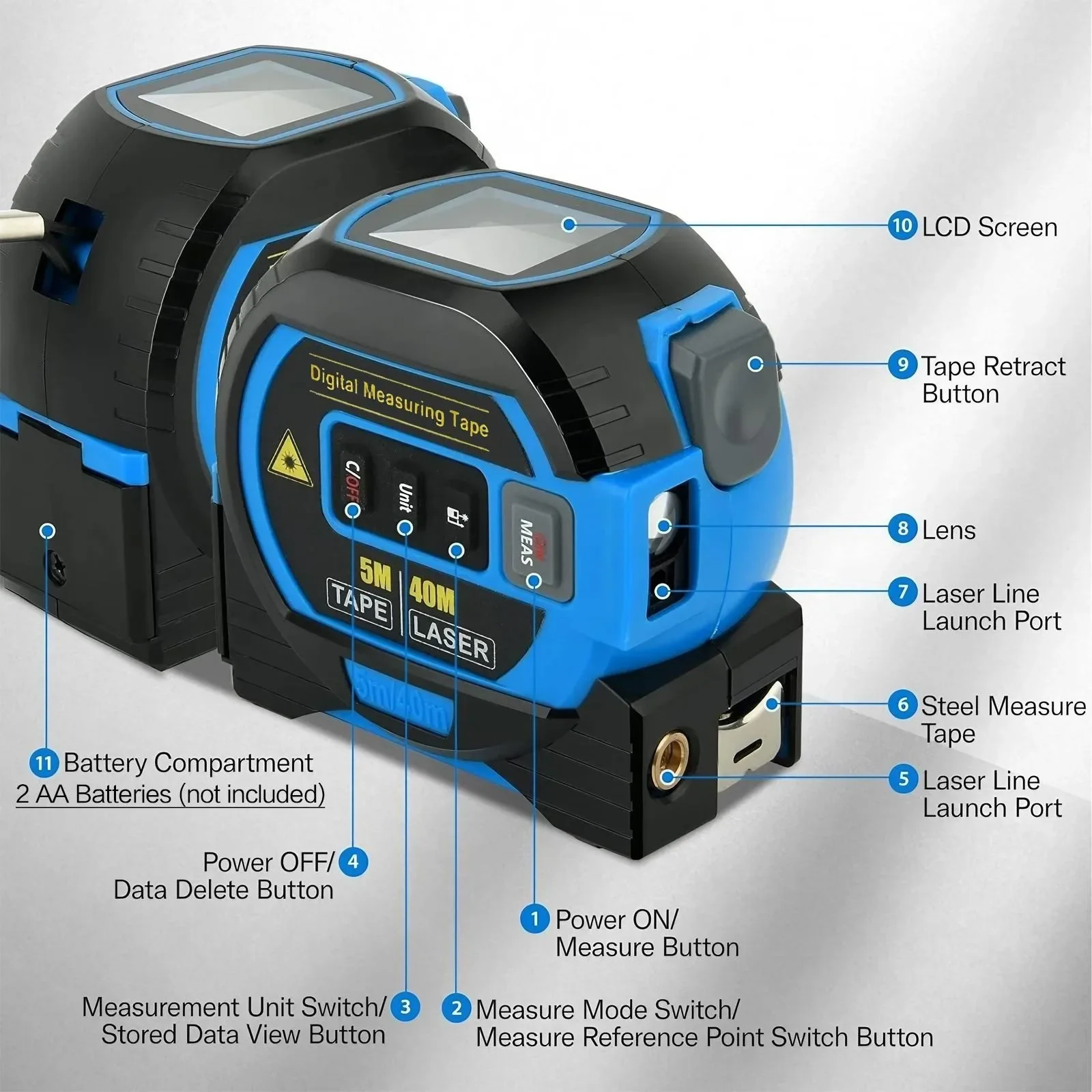 Laser Smart Tape - 1PC, 40m Laser & 5m Steel, Digital Display, Durable & Non-slip, Accurate Meas., Hook & Loop