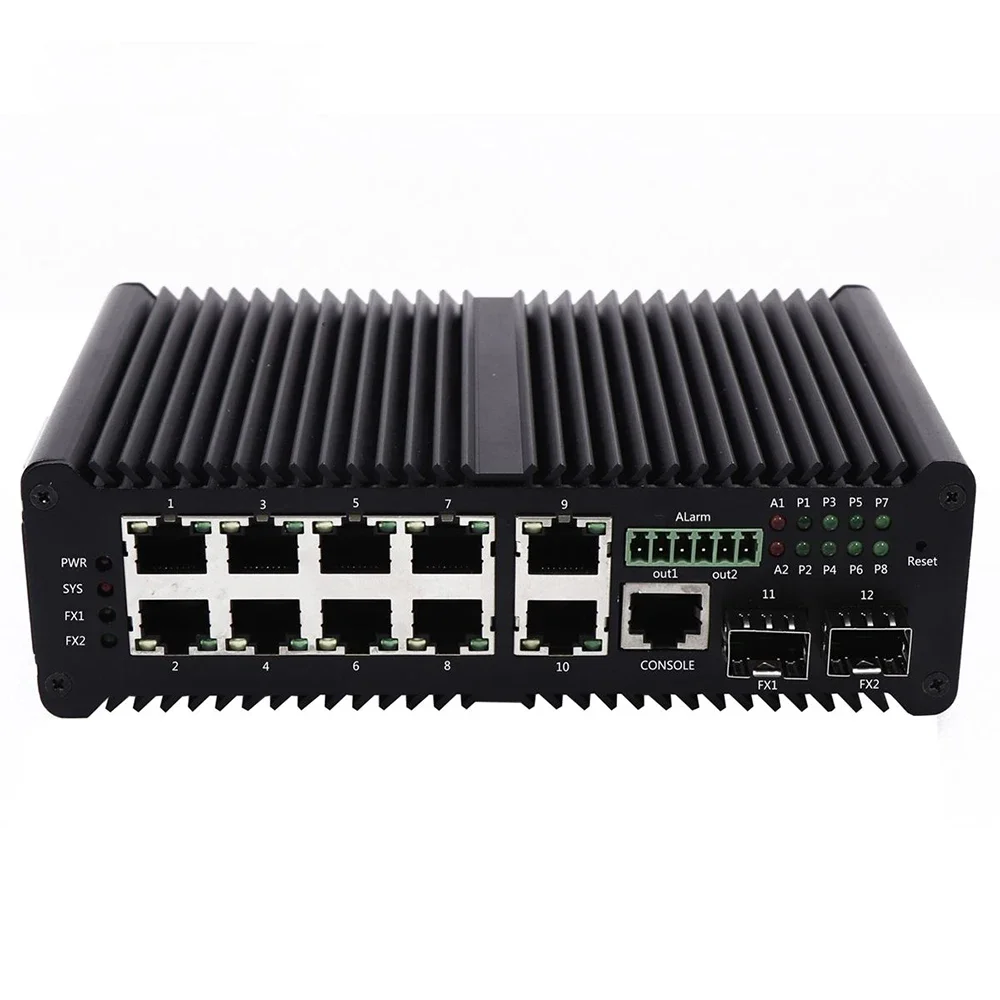 12-port Gigabit din rail POE af/at/bt managed fiber optic switch