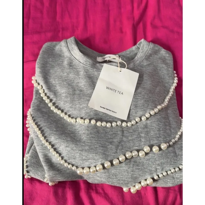 Crew Neck Loose Exquisite Bead Short Sleeve Fashion T-shirt Sweater Temperament Exquisite Personality Simple Casual Commuting