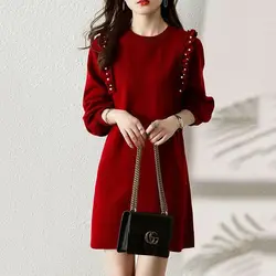New Autumn and Winter Outfit with Coat Woolen Dress Women's Round Neck Loose Fit Long Sleeves and Knitted Dress Inside