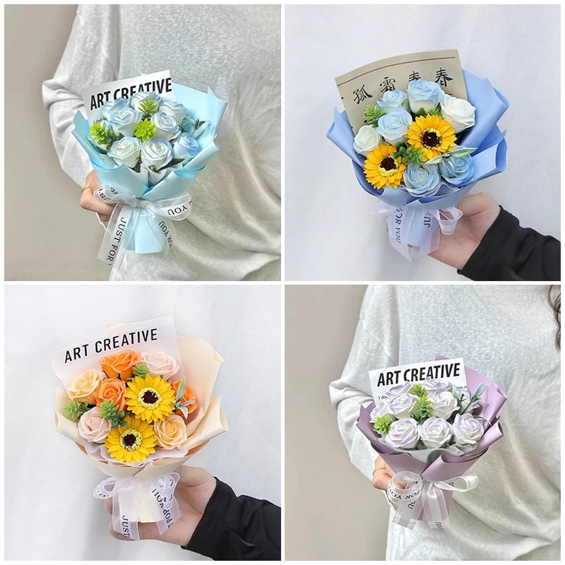 

Artificial Flower Bouquet with Package Box Soap Sunflower Flower Graduation Bouquet Wedding Party Valentines Day Flower Gifts