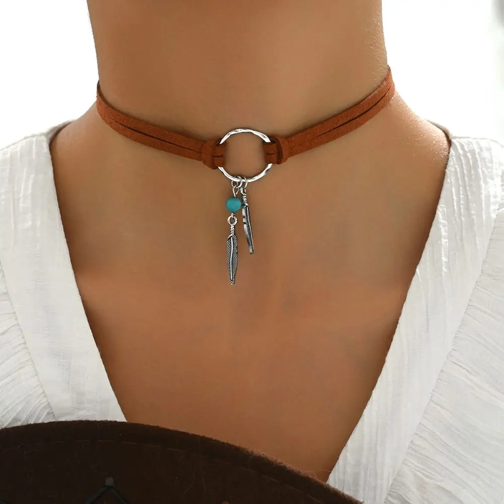 

Ethnic Style Leaf Tassel Choker Woven Rope Leather Turquoise Stone Necklace Retro Minimalist Bohemian Necklace Beach Jewelry