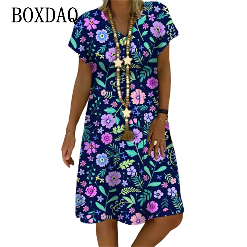 

Women Elegant Casual Loose Dress Summer Vintage V-Neck Short Sleeve A-Line Dresses Sundress Female Floral Print Dress Vestidos