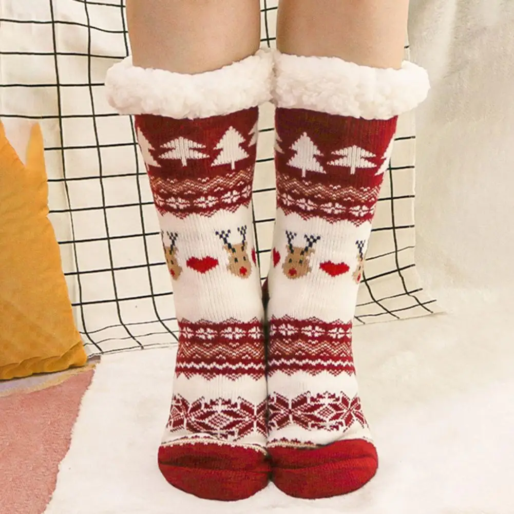 Holiday Sock Gift Cozy Winter Floor Socks with Christmas Elk Snowflake Print Thick Plush Leg Warmers for Warmth for Fall