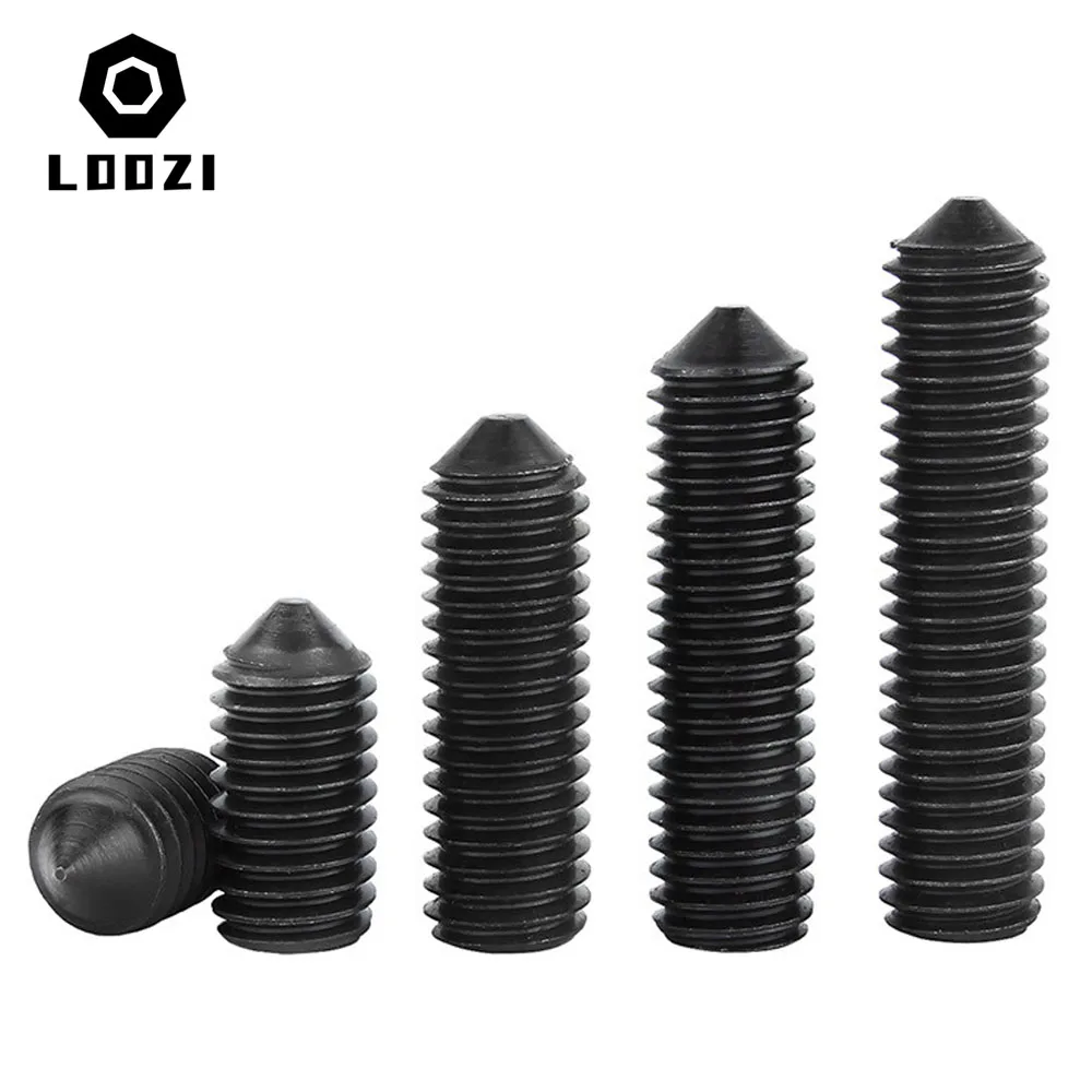 Grade12.9 Sechskant-Innensechskant-Gewindestift aus schwarzem Kohlenstoffstahl mit konischem Punkt, M2, M2,5, M3, M4, M5, M6, M8, M10, Innensechskantschraube mit konischem Ende – Detail 6