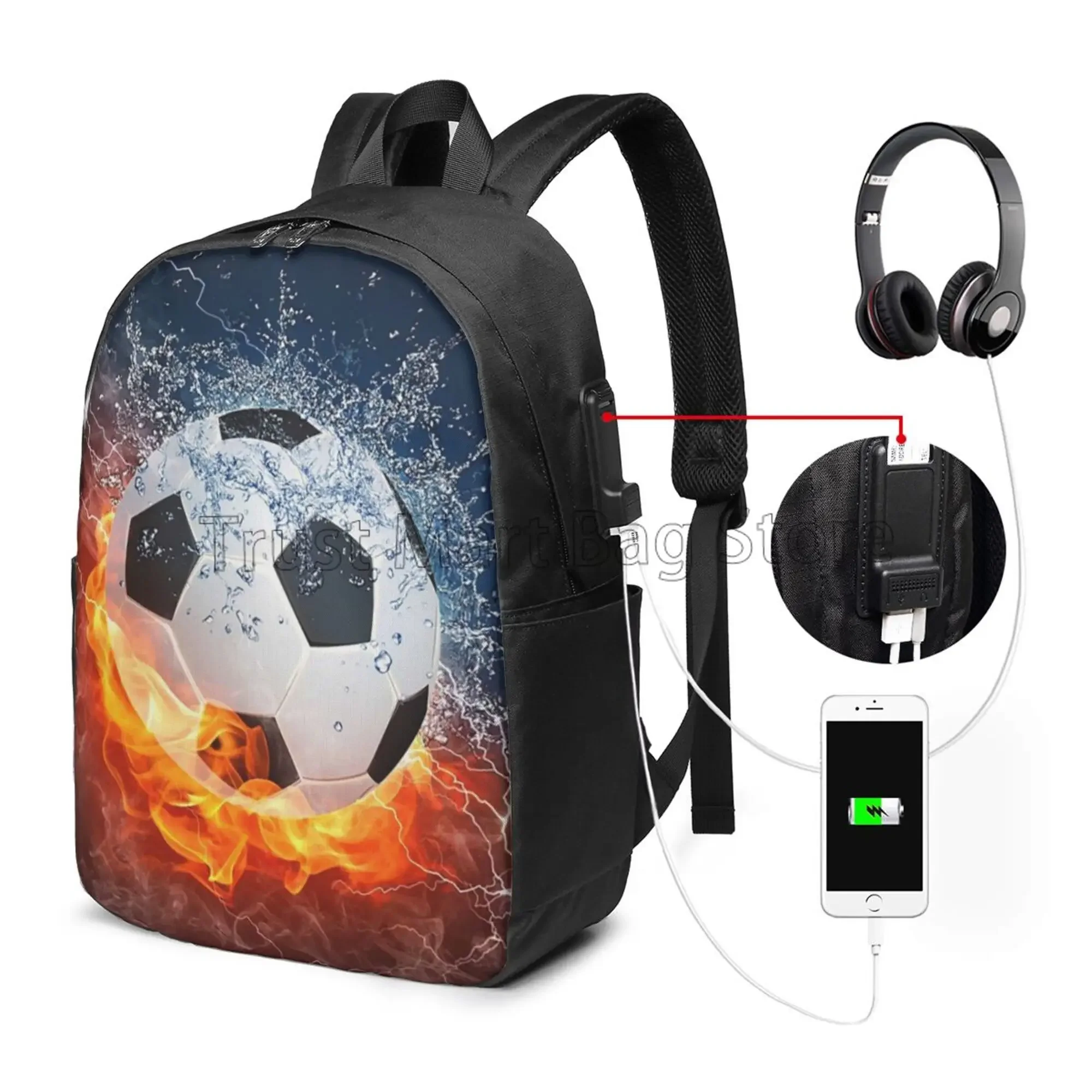 حقيبة ظهر كرة القدم In Fire and Water كاجوال للكمبيوتر المحمول وحقائب كتب للبالغين والمراهقين والأولاد والبنات وحقائب ظهر مدرسية رائعة لكرة القدم